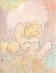 Size: 696x901 | Tagged: safe, artist:slightlyshade, applejack, earth pony, pony, autumn, eyes closed, leaf pile, leaves, silly, silly pony, solo, traditional art, who's a silly pony