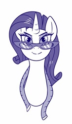 Size: 446x764 | Tagged: safe, artist:sorcerushorserus, rarity, pony, unicorn, bust, female, glasses, looking at you, mare, measuring tape, monochrome, simple background, solo, white background