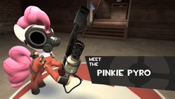 Size: 1360x768 | Tagged: safe, artist:daemonbombinc, pinkie pie, earth pony, pony, 3d, crossover, flamethrower, pinkie pyro, pyro, team fortress 2, weapon