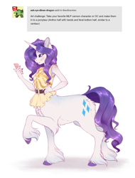 Size: 1841x2418 | Tagged: safe, artist:the olive vine, rarity, anthro, centaur, ponytaur, taur, unicorn, anthro centaur, belt, butt fluff, cellphone, chest fluff, clothes, cloven hooves, ear fluff, phone, ponytaur challenge, smartphone, tumblr, unshorn fetlocks