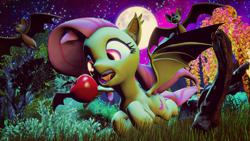 Size: 3840x2160 | Tagged: safe, artist:dj-chopin, fluttershy, bat, bat pony, 3d, apple, fangs, flutterbat, flying, food, full moon, moon, open mouth, poster, race swap, solo, source filmmaker