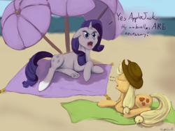 Size: 1280x960 | Tagged: safe, artist:causticeichor, applejack, rarity, earth pony, pony, unicorn, beach, floppy ears, summer, umbrella