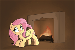 Size: 889x593 | Tagged: safe, artist:shoutingisfun, fluttershy, pegasus, pony, :t, ass up, behaving like a cat, behaving like a dog, blushing, brown background, cute, featured on derpibooru, female, fire, fireplace, folded wings, heat, indoors, looking at you, mare, nervous, raised tail, shyabetes, simple background, smiling, solo, tail, toasty, wings