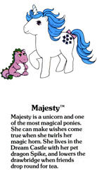 Size: 550x1000 | Tagged: safe, majesty, spike (g1), dragon, pony, unicorn, g1, bow, female, g1 backstory, mare, my little pony fact file, official, raised hoof, simple background, tail bow, text, twirled her magic horn, white background