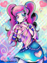 Size: 1024x1365 | Tagged: safe, artist:animechristy, pinkie pie, human, breasts, clothes, cute, cutie mark, female, heart, heart hands, humanized, looking at you, one eye closed, pigtails, skirt, smiling, solo, twintails, wink