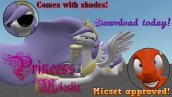 Size: 1366x768 | Tagged: safe, artist:nanayashikiplz, princess celestia, oc, oc:micset, alicorn, pony, .zip file at source, 3d, 3d model, downloadable, gmod, princess molestia, source filmmaker, sunglasses