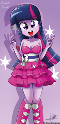 Size: 645x1321 | Tagged: safe, artist:the-butch-x, derpibooru import, twilight sparkle, twilight sparkle (alicorn), alicorn, equestria girls, armpits, bare shoulders, beautiful, beautiful x, boots, breasts, cleavage, clothes, cute, dress, fall formal outfits, female, headlight sparkle, high heel boots, looking at you, open mouth, peace sign, sleeveless, smiling, solo, sparkles, strapless, twiabetes, twilight ball dress