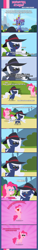 Size: 1205x7932 | Tagged: safe, artist:estories, pinkie pie, oc, oc:holly, pony, comic, fedora, female, fourth wall, hat, mare, pointy ponies, smiling, sunglasses, twilight's castle, umbra pony