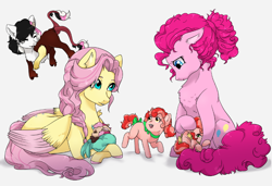 Size: 932x639 | Tagged: safe, artist:gamblingfoxinahat, fluttershy, pinkie pie, oc, oc:levity, oc:mirage, oc:topsy, oc:turvy, hybrid, pegasus, pony, interspecies offspring, multicolored hair, offspring, older, parent:cheese sandwich, parent:discord, parent:fluttershy, parent:pinkie pie, parents:cheesepie, parents:discoshy, prone, story included