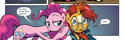 Size: 1988x656 | Tagged: safe, artist:brendahickey, edit, idw, pinkie pie, sunburst, earth pony, pony, spoiler:comic, spoiler:comiclom5, cropped, implied pregnancy, vulgar