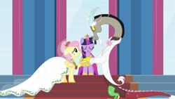 Size: 3733x2100 | Tagged: safe, artist:discordedproductions, derpibooru import, discord, fluttershy, twilight sparkle, twilight sparkle (alicorn), alicorn, pegasus, pony, fanfic:bride of discord, discoshy, female, male, mare, shipping, straight, wedding