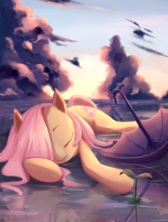 Size: 1519x2000 | Tagged: safe, artist:gianghanz, fluttershy, pegasus, pony, cloud, cute, eyes closed, female, lying down, prone, scenery, shyabetes, sky, sleeping, solo, sprout, umbrella, water