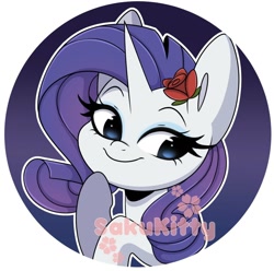 Size: 1024x1016 | Tagged: safe, artist:sakukitty, rarity, pony, unicorn, bust, button, cute, female, flower, flower in hair, mare, obtrusive watermark, portrait, raribetes, rose, solo, watermark