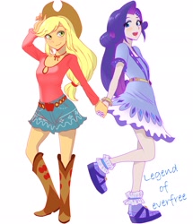 Size: 1760x2047 | Tagged: safe, artist:manmaru00, applejack, rarity, equestria girls, legend of everfree, boho, boots, camp fashion show outfit, clothes, dress, female, hat, holding hands, lesbian, pixiv, rarijack, shipping, shoes, simple background, skirt