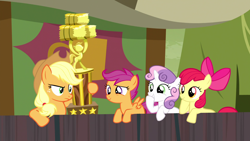 Size: 1920x1080 | Tagged: safe, screencap, apple bloom, applejack, scootaloo, sweetie belle, earth pony, pony, appleoosa's most wanted, cutie mark crusaders, trophy