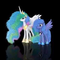 Size: 4096x4096 | Tagged: safe, artist:veryoldbrony, princess celestia, princess luna, alicorn, pony, 3d, 3d model, black background, cute, cutelestia, female, fluffy, hair over one eye, lunabetes, mare, messy hair, messy mane, messy tail, reflection, royal sisters, simple background, smiling, spread wings, wings