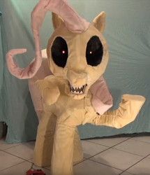 Size: 618x718 | Tagged: safe, fluttershy, animatronic, black sclera, five nights at freddy's, five nights at pinkie's, gritted teeth, irl, nightmare fuel, photo, youtube link