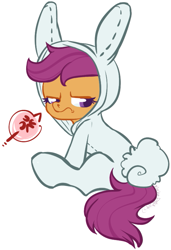 Size: 549x801 | Tagged: dead source, safe, artist:clovercoin, scootaloo, bunny costume, bunny pajamas, bunnyloo, clothes, cross-popping veins, pictogram, simple background, unamused, white background