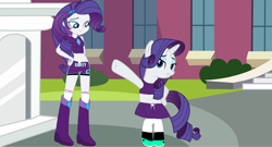 Size: 1280x693 | Tagged: safe, artist:supersamyoshi, rarity, equestria girls, boots, boxing boots, boxing bra, boxing shoes, boxing shorts, boxing skirt, boxing trunks, bra, clothes, cycling shorts, drawstring, exeron fighters, exeron outfit, leggings, martial arts kids outfits, self ponidox, shoes, shorts, skirt, sneakers, socks, sports bra, sports shorts, underwear