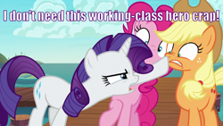 Size: 1200x675 | Tagged: safe, edit, edited screencap, editor:scrounge, screencap, applejack, pinkie pie, rarity, earth pony, pony, unicorn, ppov, caption, exploitable meme, jaws, matt hooper, meme, movie quote, vulgar