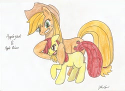 Size: 2338x1700 | Tagged: safe, artist:stardustchild01, apple bloom, applejack, earth pony, pony, sisters, traditional art