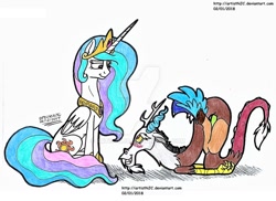 Size: 1024x744 | Tagged: safe, artist:artistnjc, discord, princess celestia, alicorn, draconequus, pony, blushing, cute, deviantart watermark, discute, dislestia, embarrassed, female, looking at each other, male, obtrusive watermark, on floor, shipping, smiling, spread wings, straight, traditional art, watermark, wings