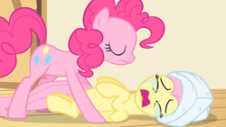 Size: 1920x1080 | Tagged: safe, screencap, fluttershy, pinkie pie, earth pony, pegasus, pony, filli vanilli, crying, eyes closed, female, mare, on back, out of context, towel