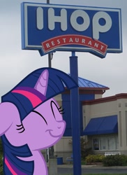 Size: 600x826 | Tagged: safe, artist:slb94, derpibooru import, twilight sparkle, i'm pancake, ihop, irl, pancakes, photo, ponies in real life, restaurant, solo