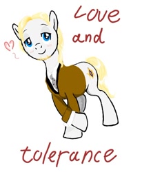 Size: 604x733 | Tagged: safe, artist:mtuziak, earth pony, pony, anders behring breivik, blonde hair, blushing, clothes, crossed hooves, facial hair, goatee, heart, lidded eyes, looking at you, love and tolerate, male, necktie, ponified, shirt, simple background, smiling, stallion, text, white background