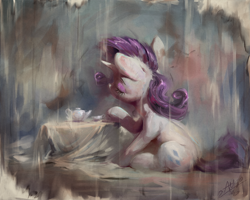 Size: 1200x960 | Tagged: safe, artist:assasinmonkey, rarity, pony, unicorn, cutie mark, eyes closed, female, horn, mare, sitting, solo, tea set, teapot