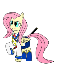 Size: 1500x1908 | Tagged: safe, fluttershy, pegasus, pony, clothes, katana, short pants, simple background, solo, sword, transparent background, uniform, weapon