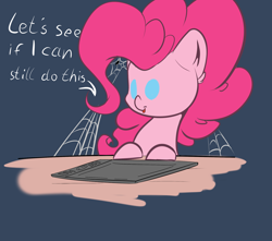 Size: 2100x1860 | Tagged: safe, artist:madacon, pinkie pie, earth pony, pony, blue background, dialogue, drawing tablet, female, mare, simple background, smiling, solo, spider web