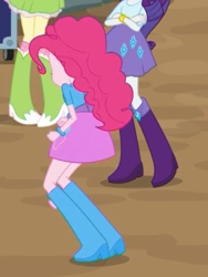 Size: 1536x2048 | Tagged: safe, screencap, fluttershy, pinkie pie, rarity, equestria girls, movie magic, spoiler:eqg specials, boots, bracelet, clothes, crossed arms, jewelry, rear view, shoes, skirt, socks, squatting