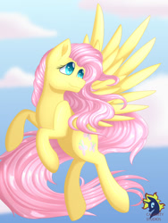 Size: 1024x1365 | Tagged: safe, artist:calamity-studios, fluttershy, pegasus, pony, cloud, flying, head turn, looking away, sky, smiling, solo, spread wings, wings