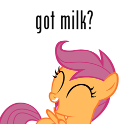 Size: 480x479 | Tagged: safe, scootaloo, pegasus, pony, eyes closed, got milk, milk moustache, open mouth, simple background, smiling, solo, white background