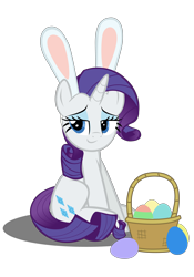 Size: 4134x5906 | Tagged: safe, artist:mrkat7214, rarity, pony, unicorn, absurd resolution, basket, bedroom eyes, bunny ears, cute, easter, easter egg, female, holiday, looking at you, mare, raribetes, rarity being rarity, simple background, sitting, smiling, smirk, solo, transparent background, vector