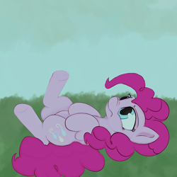 Size: 900x900 | Tagged: safe, artist:treekickerdraws, pinkie pie, earth pony, pony, on back, sad, solo