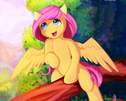 Size: 2500x2000 | Tagged: safe, artist:miokomata, fluttershy, pegasus, pony, blushing, cute, cute little fangs, fangs, female, mare, sexy, shyabetes, smiling, solo, tree, wolf teeth