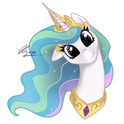 Size: 512x512 | Tagged: safe, artist:hilloty, princess celestia, alicorn, pony, bust, commission, crown, cute, cutelestia, female, floppy ears, gold, jewelry, looking at you, mare, peytral, portrait, princess, regalia, signature, simple background, smiling, solo, sticker, transparent background