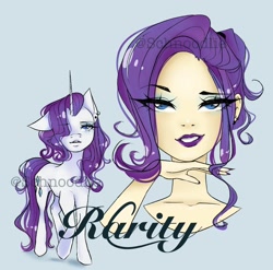 Size: 1280x1267 | Tagged: safe, artist:schnoodlie, rarity, human, pony, unicorn, bust, ear piercing, humanized, piercing, solo, text