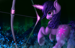 Size: 1600x1035 | Tagged: safe, artist:xormak, derpibooru import, twilight sparkle, alternate hairstyle, arrow, badass, battle stance, bow (weapon), bow and arrow, cutie mark, dock, eyes on the prize, forest, glow, glowing horn, magic, prancing, solo, underhoof