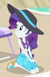 Size: 235x362 | Tagged: safe, screencap, rarity, better together, equestria girls, forgotten friendship, bikini, clothes, cropped, feet, hat, kneeling, midriff, sandals, sarong, solo, swimsuit