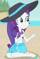 Size: 274x398 | Tagged: safe, screencap, rarity, better together, equestria girls, forgotten friendship, beach, beach hat, belly button, bikini, bikini top, clothes, cropped, cute, female, forest background, geode of shielding, jewelry, legs, magical geodes, midriff, necklace, ocean, outdoors, raribetes, sand, sandals, sarong, sky, smiling, solo, swimsuit