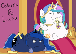 Size: 4092x2893 | Tagged: safe, artist:iroenpitu_nico, princess celestia, princess luna, alicorn, pony, :3, banana, banana peel, chibi, crown, eating, female, food, jewelry, luna is not amused, mare, pixiv, prone, regalia, royal sisters, that pony sure does love bananas, unamused