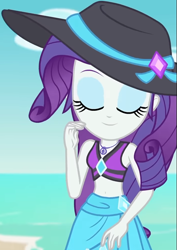 Size: 719x1018 | Tagged: safe, screencap, rarity, better together, equestria girls, forgotten friendship, beach, beach hat, belly button, bikini, bikini top, clothes, cloud, cropped, cute, diamond, eyes closed, female, geode of shielding, jewelry, magical geodes, midriff, necklace, ocean, outdoors, raribetes, sand, sarong, sexy, sky, sleeveless, smiling, solo, swimsuit
