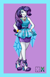 Size: 828x1280 | Tagged: safe, alternate version, artist:srasomeone, part of a set, rarity, equestria girls, bracelet, breasts, clothes, cutie mark, cutie mark background, cutie mark on clothes, dress, female, geode of shielding, hairclip, hand on hip, high heels, jewelry, latex, legs, looking at you, magical geodes, open mouth, pencil skirt, purple background, raritits, sexy, shiny, shoes, simple background, skirt, smiling, solo, waistband