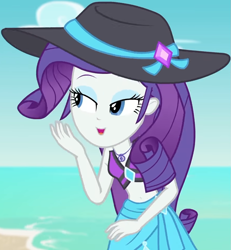 Size: 887x961 | Tagged: safe, screencap, rarity, better together, equestria girls, forgotten friendship, beach, beach hat, belly button, bikini, bikini top, clothes, cloud, cropped, cute, diamond, female, geode of shielding, jewelry, lidded eyes, magical geodes, midriff, necklace, outdoors, raribetes, sand, sarong, sexy, sky, sleeveless, smiling, solo, swimsuit