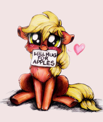 Size: 921x1097 | Tagged: safe, artist:buttersprinkle, applejack, earth pony, pony, blushing, bronybait, buttersprinkle is trying to murder us, chest fluff, cute, female, floppy ears, hatless, heart, hug request, jackabetes, mare, missing accessory, mouth hold, puppy dog eyes, sign, sitting, solo, that pony sure does love apples, traditional art, will x for y