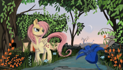 Size: 1182x675 | Tagged: safe, artist:auroriia, fluttershy, pegasus, pony, flower, nature, river, scenery, solo