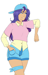 Size: 3300x5100 | Tagged: safe, artist:emberfan11, artist:icey-wicey-1517, color edit, edit, rarity, human, alternate hairstyle, backwards ballcap, baseball cap, cap, clothes, colored, denim shorts, disguise, female, grin, hand in pocket, hat, humanized, plainity, sexy, shirt, shorts, simple background, smiling, solo, t-shirt, tomboy, transparent background